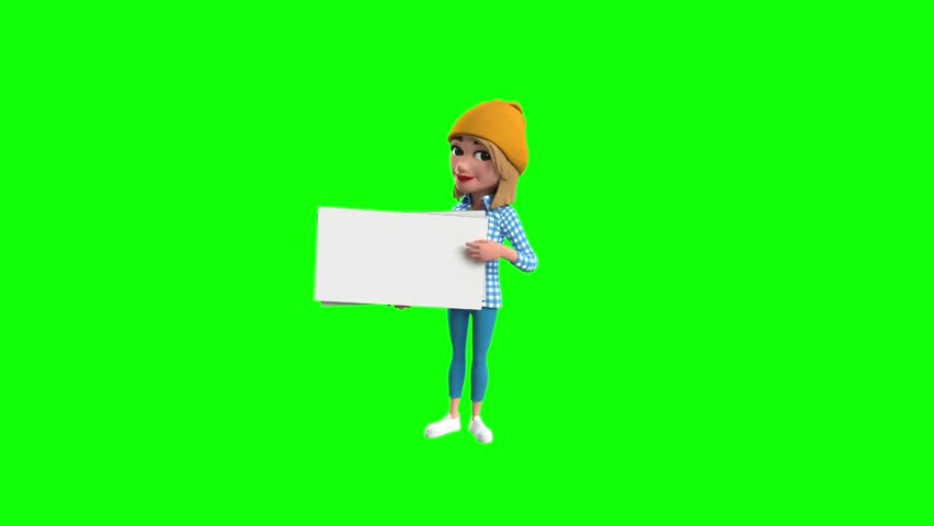 Wulan, 3D animated woman on green screen swapping cards with dynamic motion. Perfect for digital content, explainer videos, presentations, or business visuals.