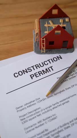 Vertical shot of construction permit documents. Concept of building your own house.
