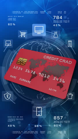 Modern red credit card over a blue tech background with digital globe, shopping icons, and analytics, ideal for fintech, banking, and online payment themes.