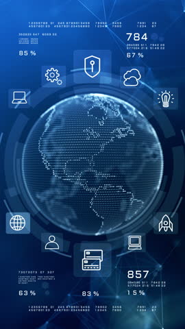 High-tech vertical background featuring a digital Earth, tech icons, data analytics, Global connection, digital data cybersecurity, and fintech visuals. Technology background