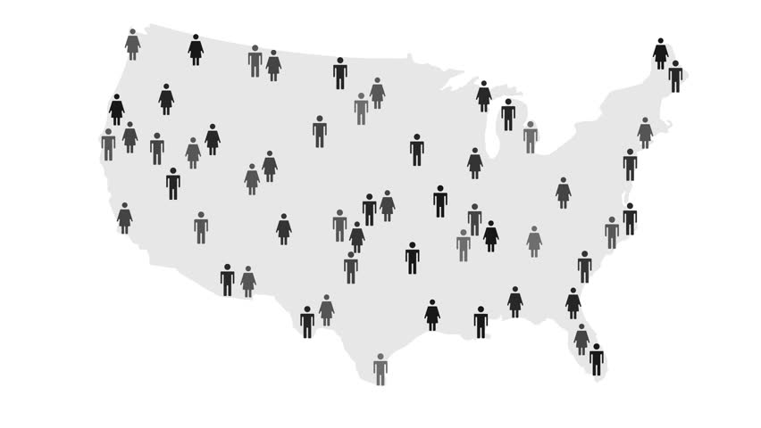 Black human icons form and transform the shape of Usa map, representing population, demography, and society. Helpful animated video for Election Day. Animated video
