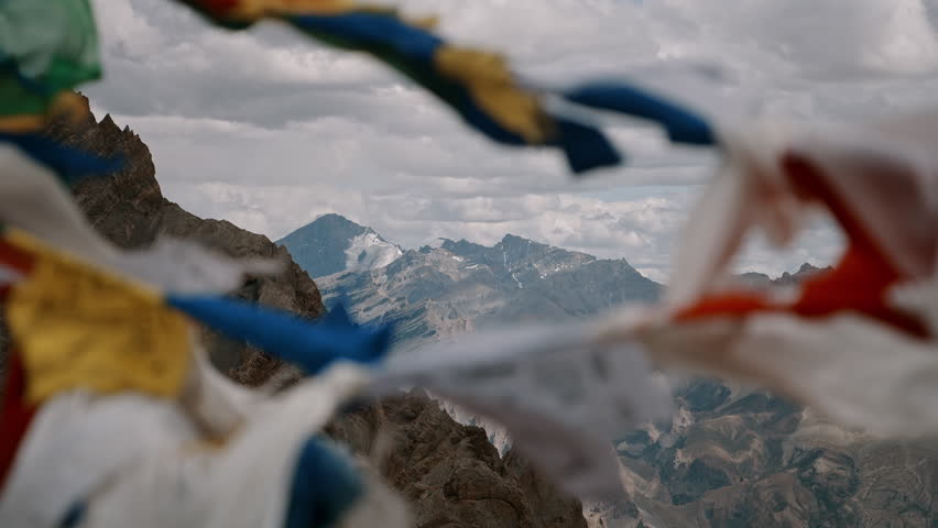 Prayer Flags Over Himalayan Ridge View