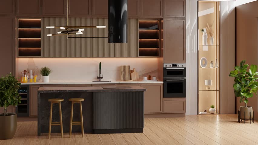 kitchen room interior in brown mocha mousse 2025 color with modern decoration - 3D rendering	