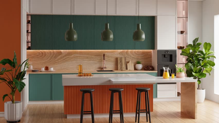 Modern kitchen interior with green cabinets, wooden textures, and island counter–3D rendering