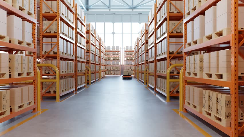 Automated warehouse with robot carts transporting packages in distribution center- 3D rendering