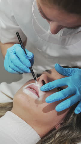 Professional permanent make-up procedure. Tattoo lips makeup treatment in modern beauty salon.