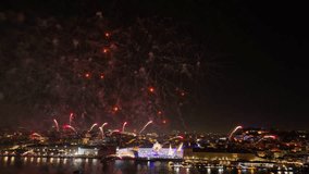 Panoramic drone shot of New Years eve fireworks on Tajo river, Lisbon, night - Powered by Shutterstock - Get 15% off with code: PIKWIZARD15