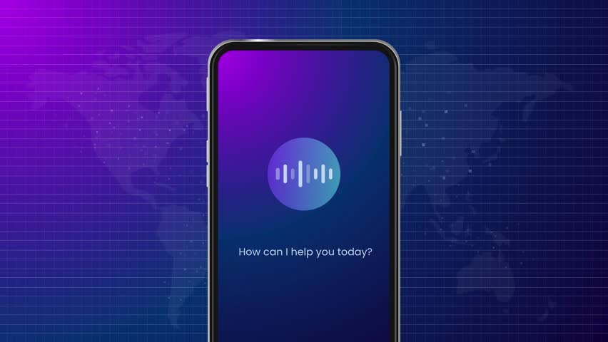 AI assistant circle voice speech audio sound wave large language model mobile smartphone application dark neon gradient background animated