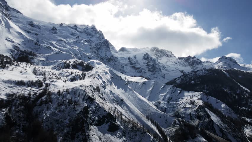 A breathtaking aerial view of snow-covered mountain peaks, showcasing serene alpine landscapes and crisp natural beauty during winter