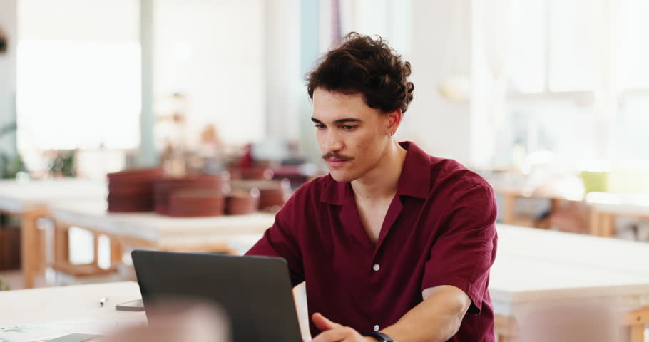 Man, creative or laptop in small business for typing online, inventory management or clay order. Workshop, craft or entrepreneur with technology for pottery sales, account invoice or ceramic supply