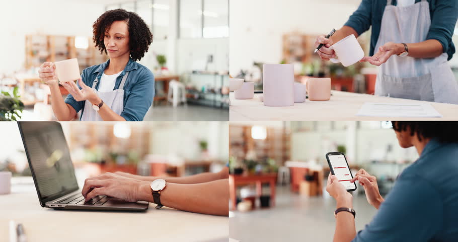 Woman, technology and potter in workshop for small business, inventory management and stock checklist. Entrepreneur, phone and series in startup for photography, social media marketing and smile