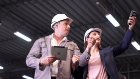 Warehouse manager and supervisor collaborate on a forklift cage, discussing inventory control, stock handling, and warehouse operations in a modern industrial distribution center with teamwork concept - Powered by Shutterstock - Get 15% off with code: PIKWIZARD15