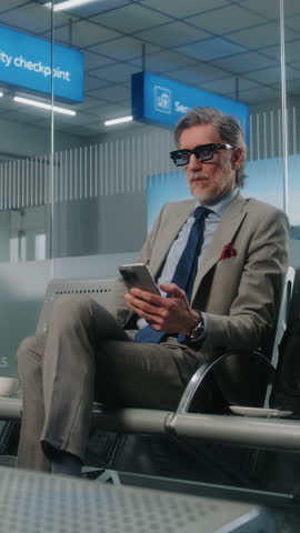 Airport Terminal: Successful Man Sitting in Departure Lounge with Luggage, Using Cellphone and Drinking Coffee. Mature Businessman Waiting for Flight, Going on Business Trip. Dolly Shot. Vertical Shot