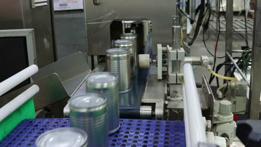 Cooked sardines packed in aluminum cans being passed through metal detectors, scanners and X-ray machines canning line contaminants in canned food before being packed into boxes in the packing room.