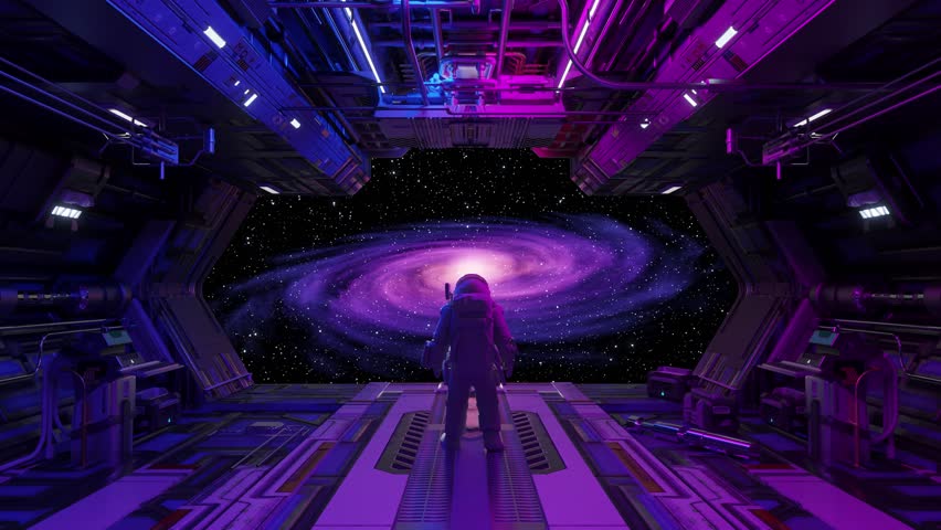 Lone astronaut stands in spaceship bay, gazing at distant galaxy through large window, bathed in purple light