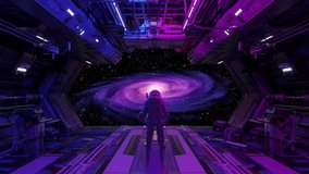Lone astronaut stands in spaceship bay, gazing at distant galaxy through large window, bathed in purple light - Powered by Shutterstock - Get 15% off with code: PIKWIZARD15