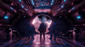 Three astronauts are standing in a spaceship bay, admiring a nebula through a large porthole. 3d render - Powered by Shutterstock - Get 15% off with code: PIKWIZARD15