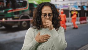 Woman coughing in outdoor construction site, wearing white sweater with blurred background showing workers and machinery. - Powered by Shutterstock - Get 15% off with code: PIKWIZARD15