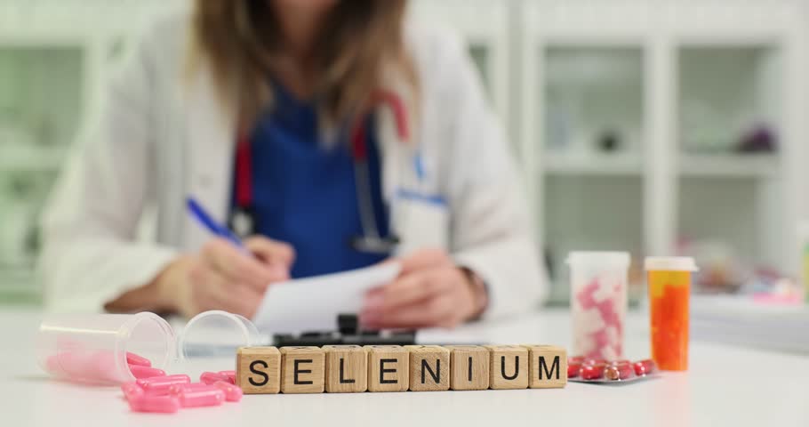 Female doctor writes prescription for supplements near cubes with Selenium in medical office. Importance of vitamins and minerals for patient health