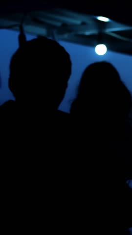 Night, on the deck of a ferry decorated with multicolored lights, a couple of young people in love, their outlines, figures, hugs and kisses.