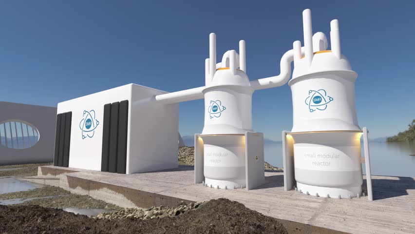 concept of a SMR small modular nuclear reactor power plant on a sunny day. SMR is a future energy concept. 3d rendering.