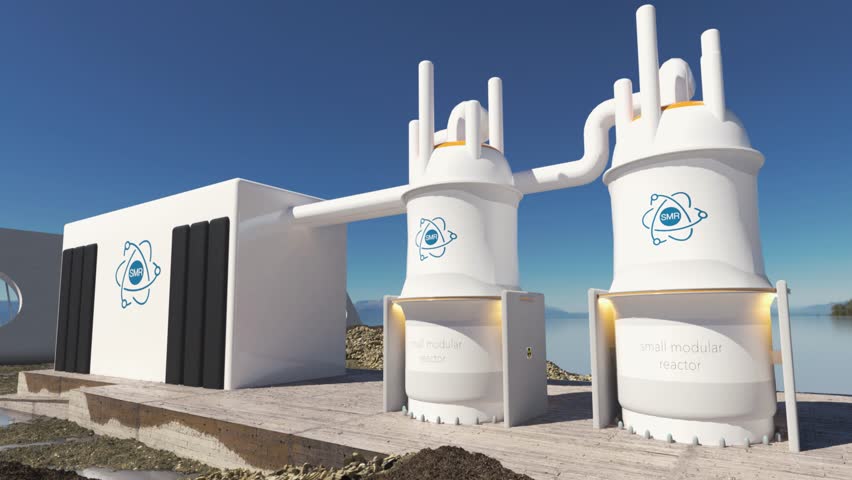 concept of a SMR small modular nuclear reactor power plant on a sunny day. SMR is a future energy concept. 3d rendering.