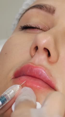 Close-up, female face. Surgeon, in medical gloves, carefully and slowly injects hyaluronic acid into woman's lips with a syringe. lip augmentation procedure. beauty injections. Plastic surgery.