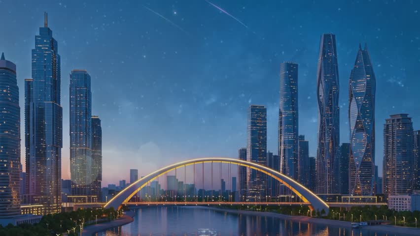 skyline in the night with bridge and river 