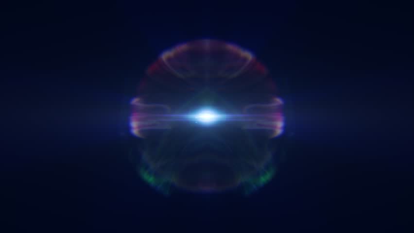 Abstract cosmic orb with blue and violet glow, emitting radiant light in dark environment