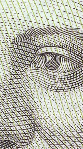 High-detail zoom-out video of engraved portrait on 20 UAH banknote, showcasing intricate line work and artistic details of Ukrainian currency design, from extreme close-up to complete portrait view