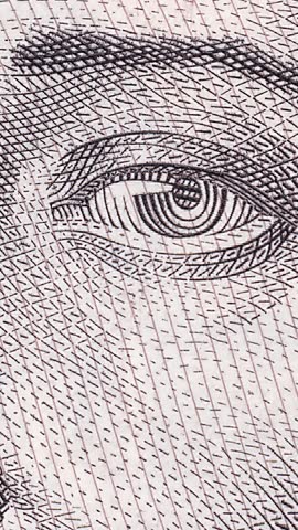 Artistic engraved portrait featured on Ukrainian 500 hryvnia banknote shown in dynamic zoom-out motion, revealing intricate details of historical figure's face and traditional attire