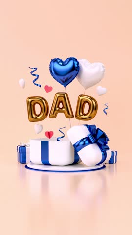 Father's day endless video for social media with open gift, hearts, gold letters and copy space on a pastel background. Concept with festive decoration scene for celebrate dad love in 3D animation