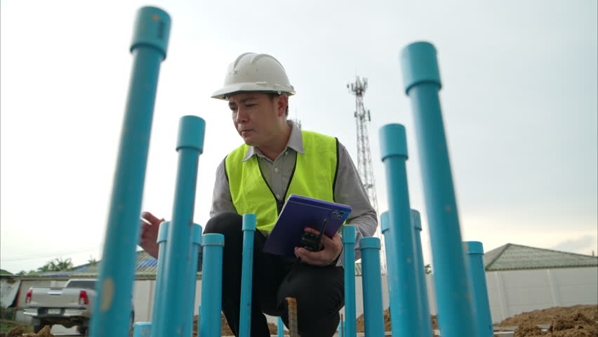 Engineers supervise construction work and inspect the foundation work of residential buildings
