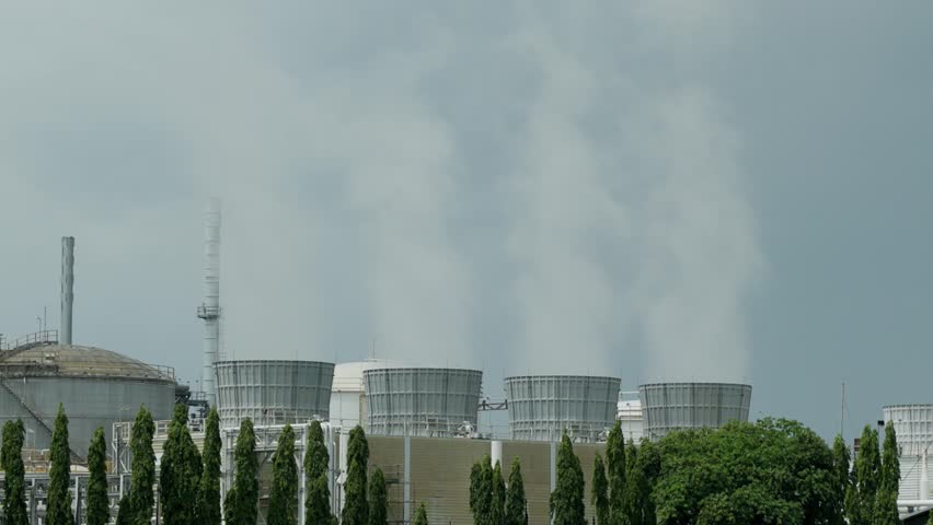 HVAC Water cooling tower, Heat exchanger, Air chiller of large industrial building, Air conditioner with fan blowing hot vapor outside