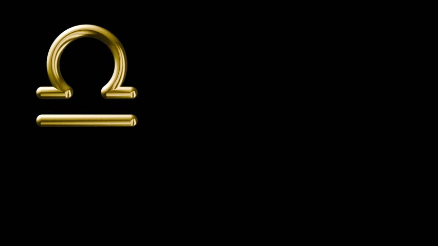 3D rotating gold libra zodiac sign on pure black background.