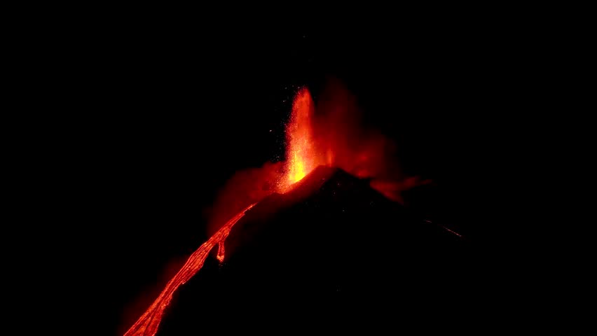 Strombolian activity of May 12, 2025 of the southeast crater of the Etna volcano in Sicily. Lava flows, lapilli explosions. Fire.
