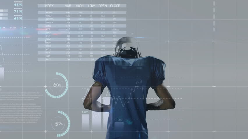 male football player holding football in studio, showcasing sports analytics map chart overlays. Athlete, sports, technology, data, analysis, performance, visualization - Powered by Shutterstock - Get 15% off with code: PIKWIZARD15