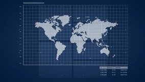 Dotted world map pulsing behind ascending zigzag line graph connecting data nodes with HUD circles. Futuristic, digital, interface, data visualization, technology, analytics, innovation - Powered by Shutterstock - Get 15% off with code: PIKWIZARD15