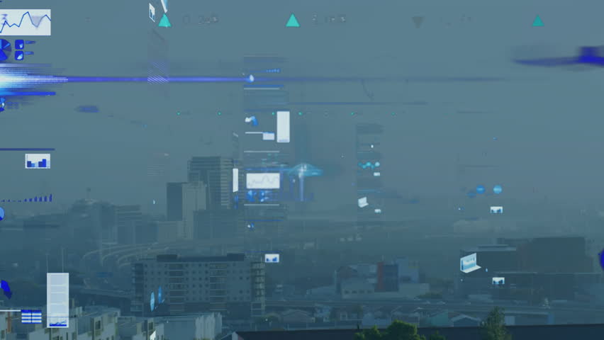 Bar, pie and line charts being animated across hazy city skyline, showcasing teal UI grid overlays. Futuristic, urban, data visualization, technology, analytics, graphic design, cityscape - Powered by Shutterstock - Get 15% off with code: PIKWIZARD15