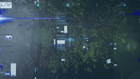 3D render showing holographic data floating over sunny park branches with UI charts. Technology, innovation, analytics, futuristic, urban, nature, interface - Powered by Shutterstock - Get 15% off with code: PIKWIZARD15