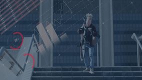 man carrying bicycle climbing office stairs, with floating charts and data lines for tech marketing. Urban, modern, outdoors, casual, technology, entrepreneurship, graphic - Powered by Shutterstock - Get 15% off with code: PIKWIZARD15