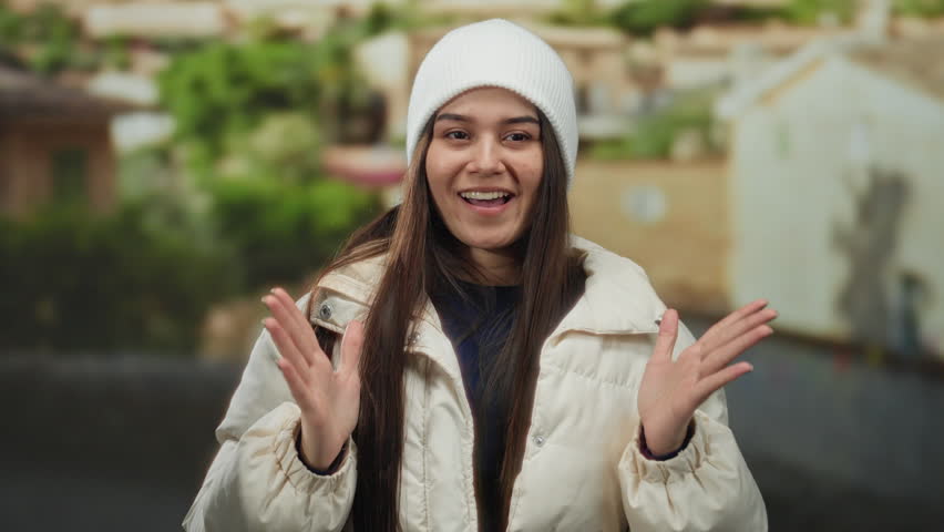 Young woman smiling outdoors on a street in winter clothing, displaying happiness and warmth, showcasing a serene urban landscape with greenery in the background.