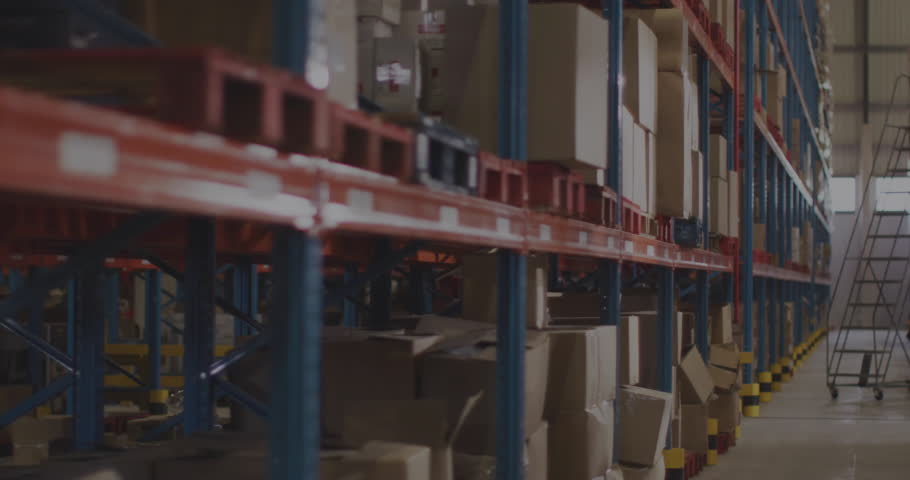 Global logistics network being visualized over warehouse racks with boxes, ladder, flat design. Supply chain, storage, infrastructure, inventory, industrial, operational, transport