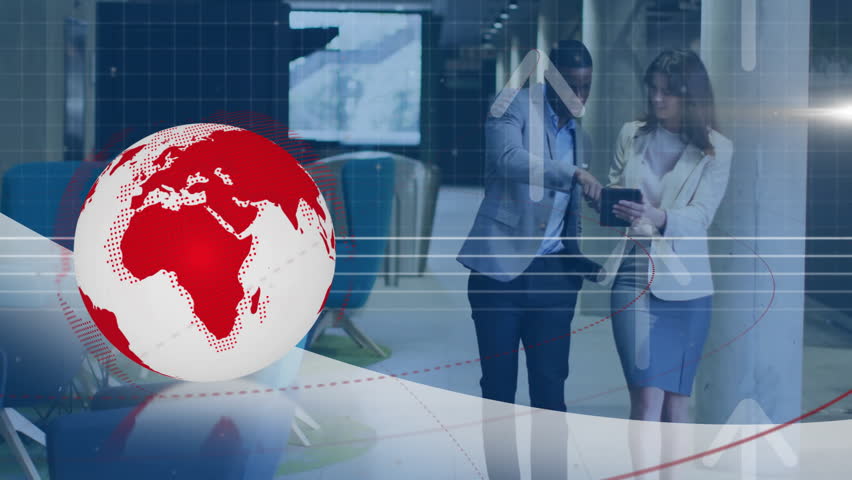 Business duo walking office corridor, viewing tablet, showing digital globe with data-flow arrows. Technology, collaboration, innovation, corporate, modern, analytics, networking