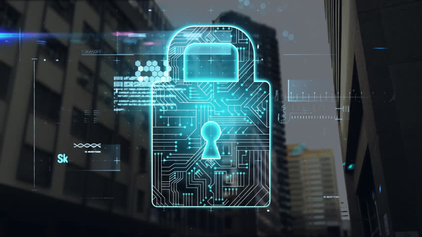 Neon-blue digital padlock hologram floating over blurry cityscape, showing circuit patterns and HUD. Cybersecurity, technology, innovation, futuristic, digital, security, urban - Powered by Shutterstock - Get 15% off with code: PIKWIZARD15
