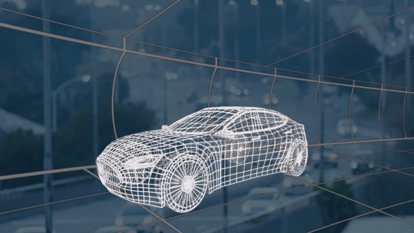 White wireframe sports car being visualized in 3D grid space, with blurred city roadway backdrop. Futuristic, technological, digital, innovation, engineering, vehicle, design - Powered by Shutterstock - Get 15% off with code: PIKWIZARD15