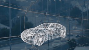 White wireframe sports car being visualized in 3D grid space, with blurred city roadway backdrop. Futuristic, technological, digital, innovation, engineering, vehicle, design - Powered by Shutterstock - Get 15% off with code: PIKWIZARD15