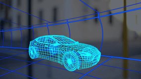 Neon blue wireframe car model floating through glowing grid tunnel in virtual 3D simulation. Futuristic, technology, digital, artistry, innovation, abstract, virtual - Powered by Shutterstock - Get 15% off with code: PIKWIZARD15