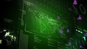 Glowing green wireframe world map rotating in HUD, streaming lines and purple network icons. Futuristic, technology, data, visualization, digital, abstract, interface - Powered by Shutterstock - Get 15% off with code: PIKWIZARD15