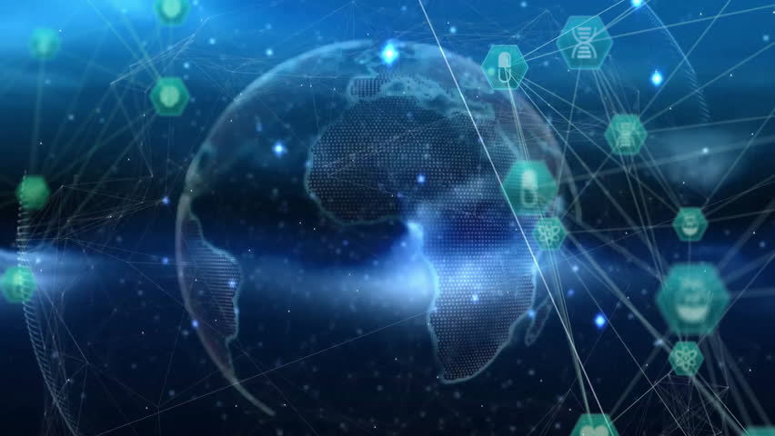 Dotted 3D globe spinning, floating hexagonal nodes linking DNA, heart, flask, cross, upward arrow. Digital, innovation, technology, connectivity, biotechnology, healthcare, futuristic - Powered by Shutterstock - Get 15% off with code: PIKWIZARD15